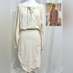 Free People Cream Textured Fabric Knee Length Dress With Long Bishop Sleeves